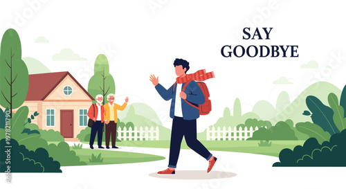 Emotional scene of a young man with a backpack waving goodbye to his elderly parents as he leaves their house for a new journey or university.