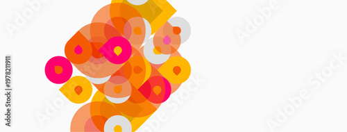 Abstract composition featuring overlapping circles, warm hues dominate. Orange, yellow, pink shades create dynamic visual texture. Minimalist design.