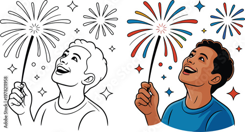 Excited boy watching fireworks display for holiday celebration and family event