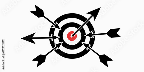 Target bullseye with multiple arrows striking the red center symbolising strategic focus and collective effort towards shared business goals bullseye strategy business achievement