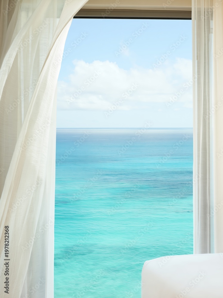 Fototapeta premium Dreamy summer vacation view through sheer curtains revealing tranquil turquoise ocean and clear blue sky from an open window in a modern interior setting