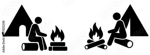 Camping Fire Icon Set, Outdoor Campfire and Tent Silhouette Vector Illustration