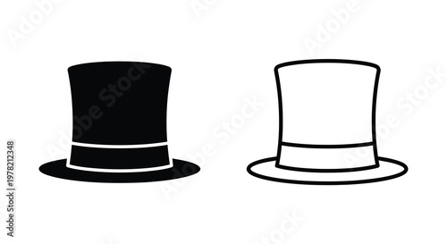 Two elegant top hats are displayed in a stark black and white silhouette