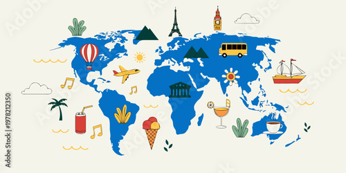 Colorful world map illustration with global landmarks and vacation icons including eiffel tower big ben and various transport modes for international tourism concept, landmarks