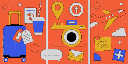 Colorful travel and vacation concept illustration featuring a blue suitcase passport camera and airplane over a orange background vacation suitcase passport airplane adventure