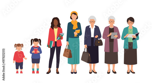 Concept of aging and female life stages showing a progression from childhood to old age through a line of diverse women in various outfits.