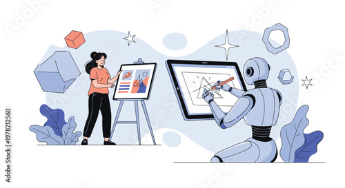 Inspiring collaboration between a human artist and an artificial intelligence robot as they both create digital and traditional artwork.
