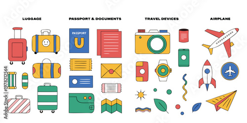 Categorized set of travel icons including various luggage types documents digital devices and airplanes in a hand drawn graphic style with suitcase passport document smartphone