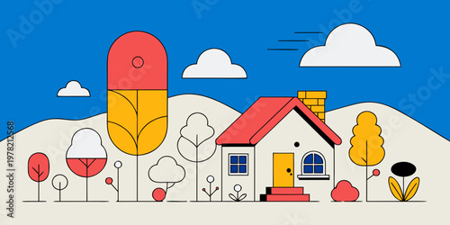 Modern minimal house flat illustration with stylized trees and clouds real estate architecture building landscape minimalist illustration exterior residential property