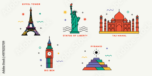 Collection of iconic world landmarks in colorful minimalist graphic style with eiffel tower statue of liberty taj mahal big ben landmarks monuments architecture illustration