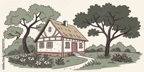 Hand drawn illustration of a charming cottage with garden and trees home sweet home landscape architecture building exterior artistic residence peaceful dwelling structure