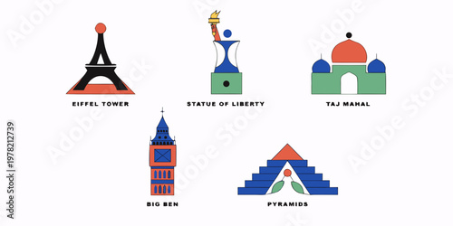Minimalist vector icons set of famous world landmarks including eiffel tower and statue of liberty with landmark monument architecture historical vacation sightseeing illustration