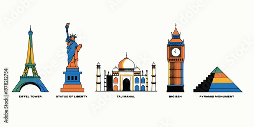 Modern flat illustration set of famous world travel landmarks and architectural monuments with landmark monument architecture historical vacation sightseeing illustration