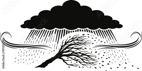 Stormy weather illustration with tree bending in high winds and heavy rain under dark clouds silhouette hurricane environment seasonal branches meteorology forecast rainfall