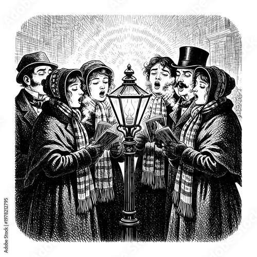 A Vintage Engraving Depicting Victorian Era Carolers Singing by a Gas Street Lamp