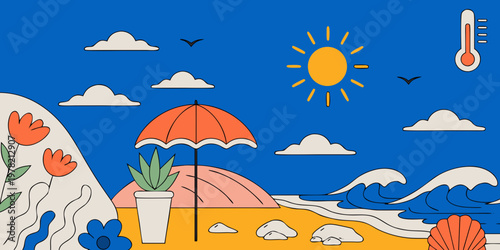 Sunny beach vacation concept with tropical flowers and hot temperature thermometer icon vacation tropical thermometer temperature umbrella seashell landscape illustration