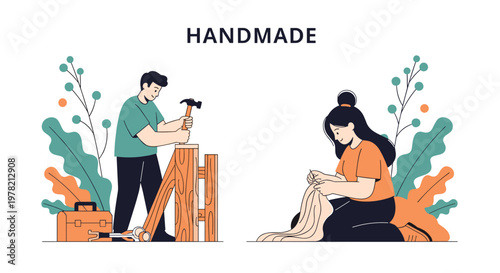 Artisans working on handmade projects showing a man hammering wood and a woman sewing fabric in a creative studio environment with plants.