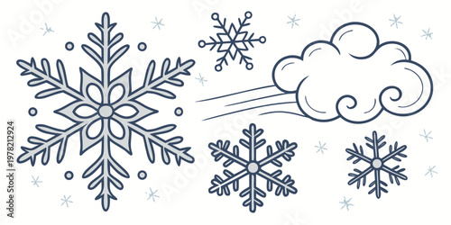 Winter weather graphics set with snowflakes and wind blown cloud design snowflake illustration seasonal meteorology atmospheric abstract minimalist geometry december february