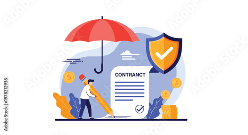 Business contract signing concept with symbols of protection including a red umbrella and a shield to illustrate insurance and legal safety.