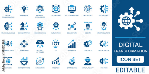 Digital transformation icon set. featuring AI, cloud computing, automation, innovation and technology strategy icons in blue flat design.