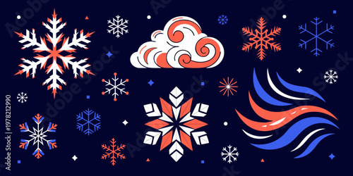 Abstract winter season graphics with detailed snowflakes and wind flow effect snowflake illustration abstract geometric atmospheric meteorology seasonal decoration minimalist