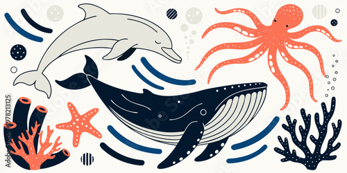Minimalist line art marine life elements set featuring whale dolphin octopus and coral starfish underwater wildlife minimalist nautical creatures illustration elements abstract