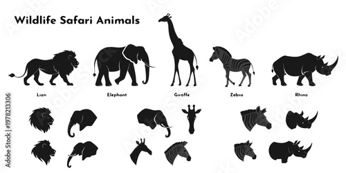 Set of black silhouette safari animals including lion elephant giraffe zebra rhinoceros with head icons animal icons black shapes nature icons african animals mammal silhouette