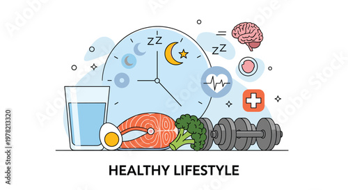 Healthy lifestyle concept components featuring balanced nutrition and exercise along with adequate sleep and hydration to maintain overall well-being.