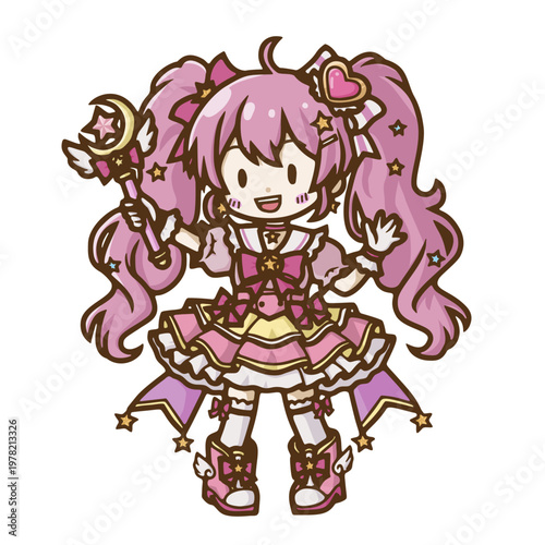 Magical Girl with Pink Hair and Wand, Chibi Style Anime Vector Illustration (魔法少女ちびキャラベクターイラスト)