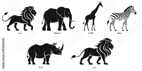 Group of black silhouette safari animals featuring lion elephant giraffe zebra rhino isolated on white background animal set african animals big animals wildlife art black graphic