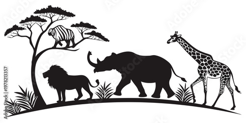 Black silhouette illustration of african safari animals near a tree with lion rhino and giraffe in natural habitat wildlife illustration nature graphic black shape savanna landscape