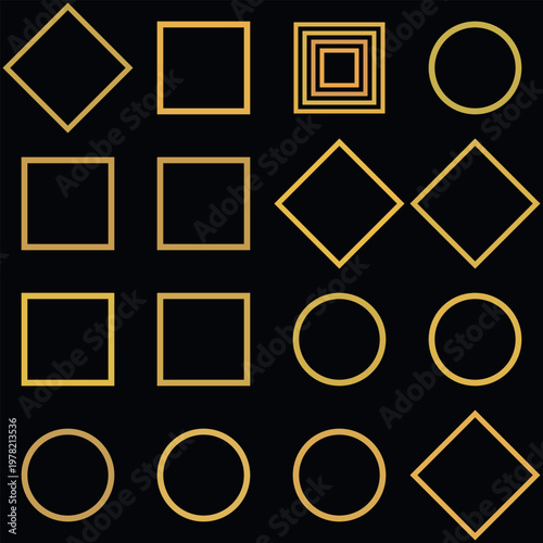 Collection of various golden geometric shapes on a including squares circles and diamonds