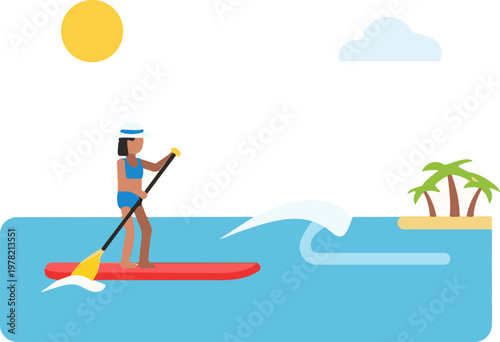 Young woman enjoys paddle boarding on the blue ocean water while wearing a sun hat and swimsuit