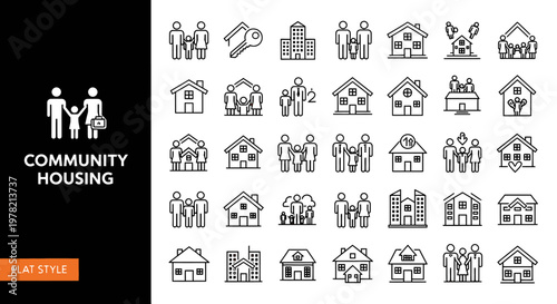 Community housing line art icons diverse dwellings and people