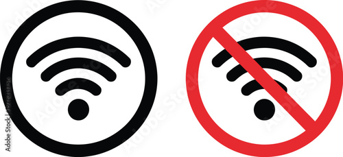 WiFi signal icons set, black and white vector illustrations featuring standard wireless signals with and without prohibition symbol for connectivity and network UI design.
