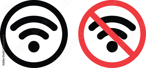 WiFi signal icons set, minimalist vector graphics of wireless signals with optional “no WiFi” symbol for network status indicators and digital interface design.