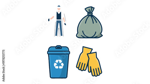 Waste Management Icon Set: A collection of icons representing waste management, including a sanitation worker, a full garbage bag, a recycling bin, and a pair of protective gloves.
