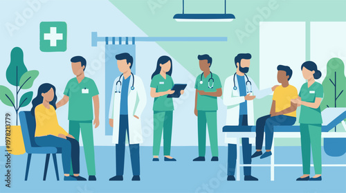 Diverse healthcare professionals providing medical care to patients in clinic