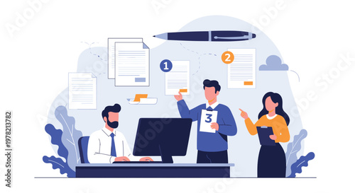 Team of professionals managing office documents and digital workflows with various numbered files to ensure an organized and efficient business process.