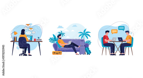 Work from anywhere lifestyle concept showing remote employees working from a home office and while traveling or meeting at a local outdoor cafe.