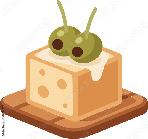 Delicious illustrated appetizer featuring a golden cheese cube topped with two vibrant green olives on a charming wooden board.
