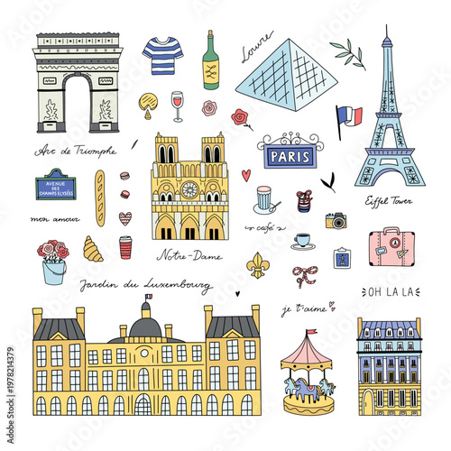 Hand Drawn Paris Landmarks Clipart Set with Eiffel Tower, Notre Dame and Arc de Triomphe
