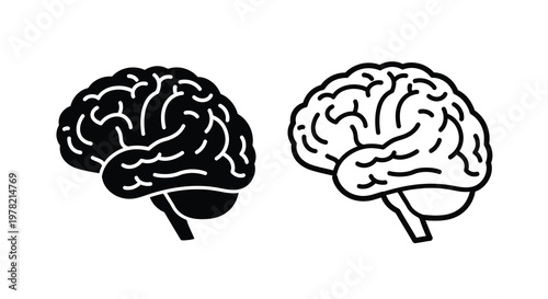Two detailed human brains are shown in contrasting black and white silhouette