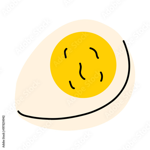 Vector flat illustration of half egg with bright yellow yolk and soft beige white. Egg piece food perfect for breakfast menu, healthy protein infographic, nutrition app icon or cooking blog design.