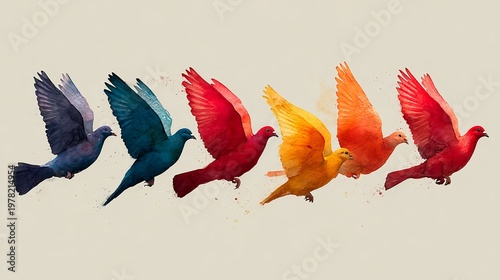 Colorful watercolor birds flying in sequence isolated on light background