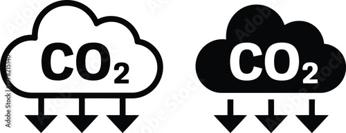 Carbon dioxide CO2 cloud icons, black and white vector illustrations with downward arrows representing emissions reduction environmental concept and climate change awareness.