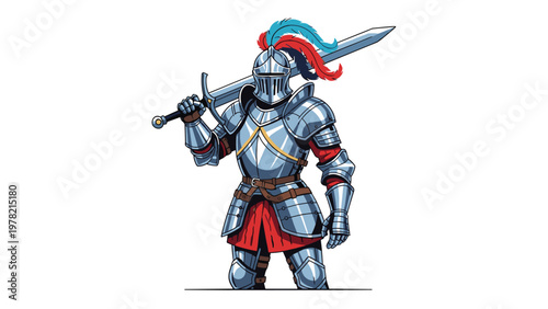Noble knight in full plate armor holds a massive two-handed sword across his shoulders against a clean white background.