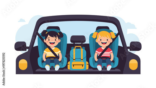 Two little girls sit safely in their blue car seats during a family road trip with a yellow backpack between them.