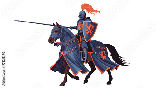 Gallant knight in blue armor with a lion crest rides a powerful horse and holds a long jousting lance for a tournament.