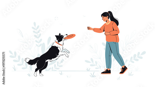 Athletic girl plays with her black and white border collie dog by throwing an orange frisbee in a peaceful park setting.